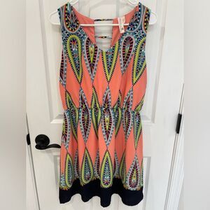 Pink Owl Geometric Paisley Coral Sleeveless Elastic Waist Dress Women’s Size L